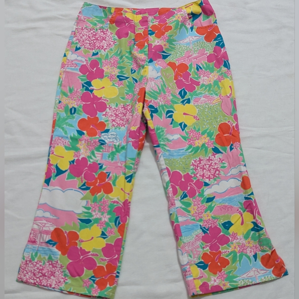 Lilly Pulitzer Tropical Print Pants Parrots Birds Floral Hibiscus Print